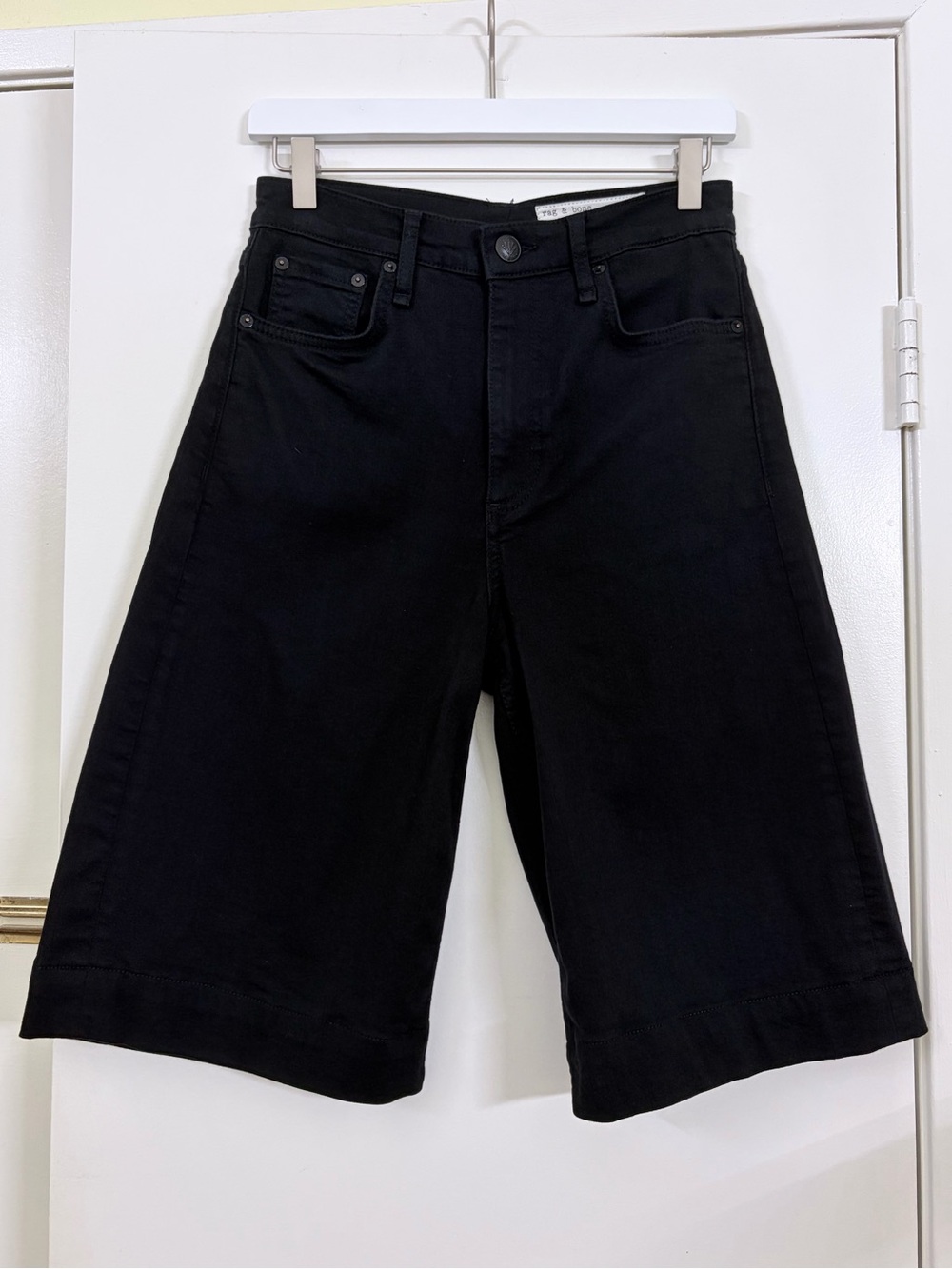 Rag & Bone Sofie High Rise Black Denim Bermuda Shorts 28 Wide Leg Altered Hem